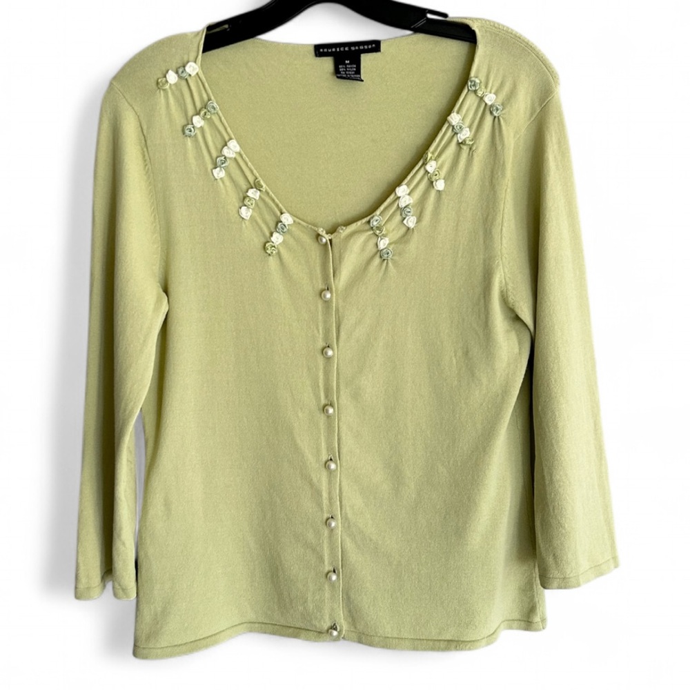 VINTAGE 90S MAURICE SASSON Rosette Pearl Button Cardigan Sweater Coquette Sz M